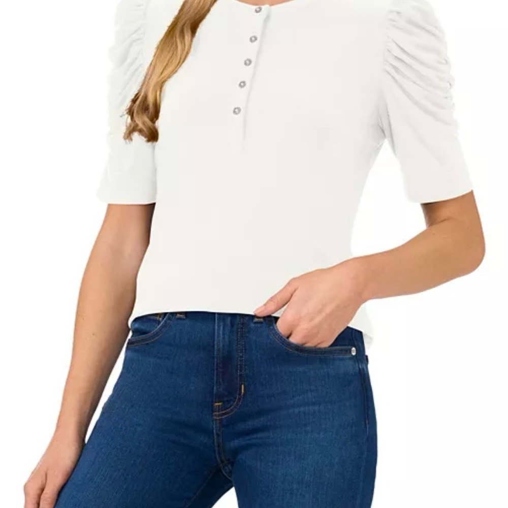 NWT Cece Women's Ruched Puff-Sleeve Henley Knit Top